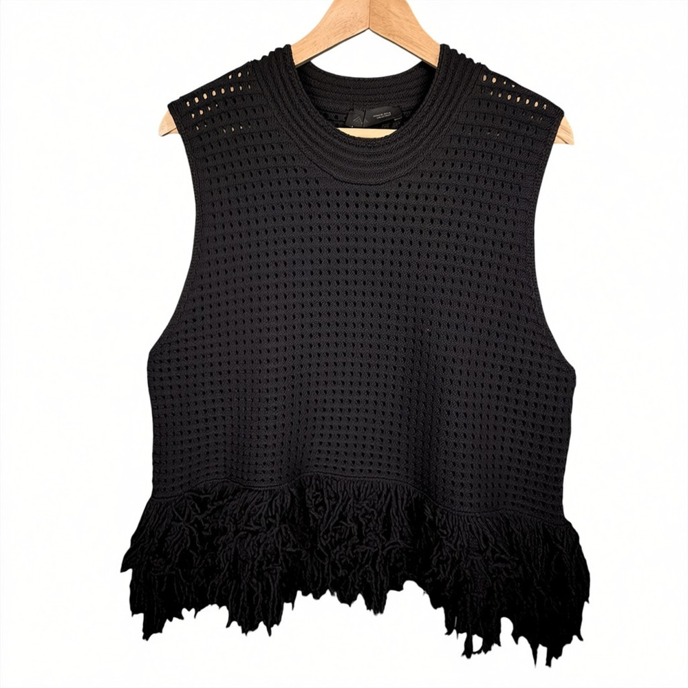 Zara Black Crochet Knit Fringe Women's XL Tank Top Boho Festival Summer Chic